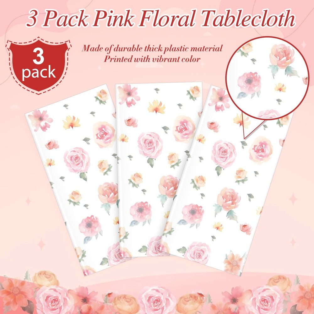 3 Pcs Spring Floral Tablecloth, Pink Wildflower Plastic Disposable 3pcs,