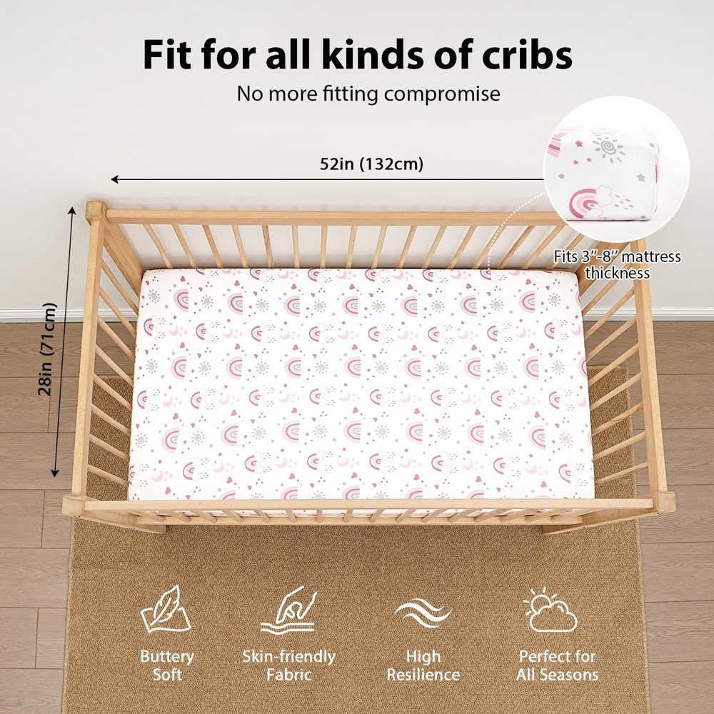 3 Pack Pink Rainbow Crib Sheets 52x28 Soft Microfiber