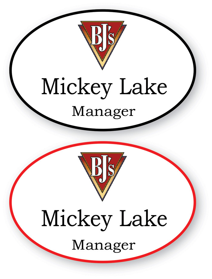 2 WHITE OVAL BJ'S RESTAURANT PERSONALIZED NAME BADGES SAFETY PIN BACK