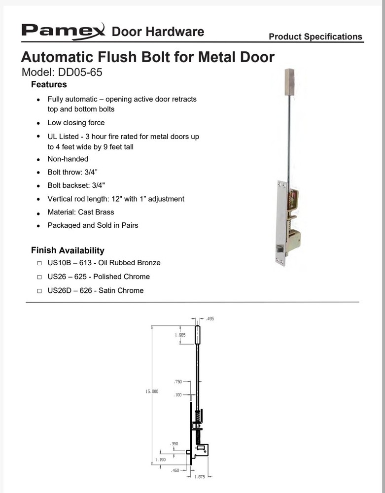 DD05 65SC AUTOMATIC FLUSHBOLT PAIR TOP AND BOTTOM