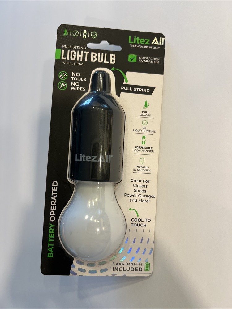 Litez All Pull String Light Bulb 30 Hour Runtime 40" Pull String Battery Operate