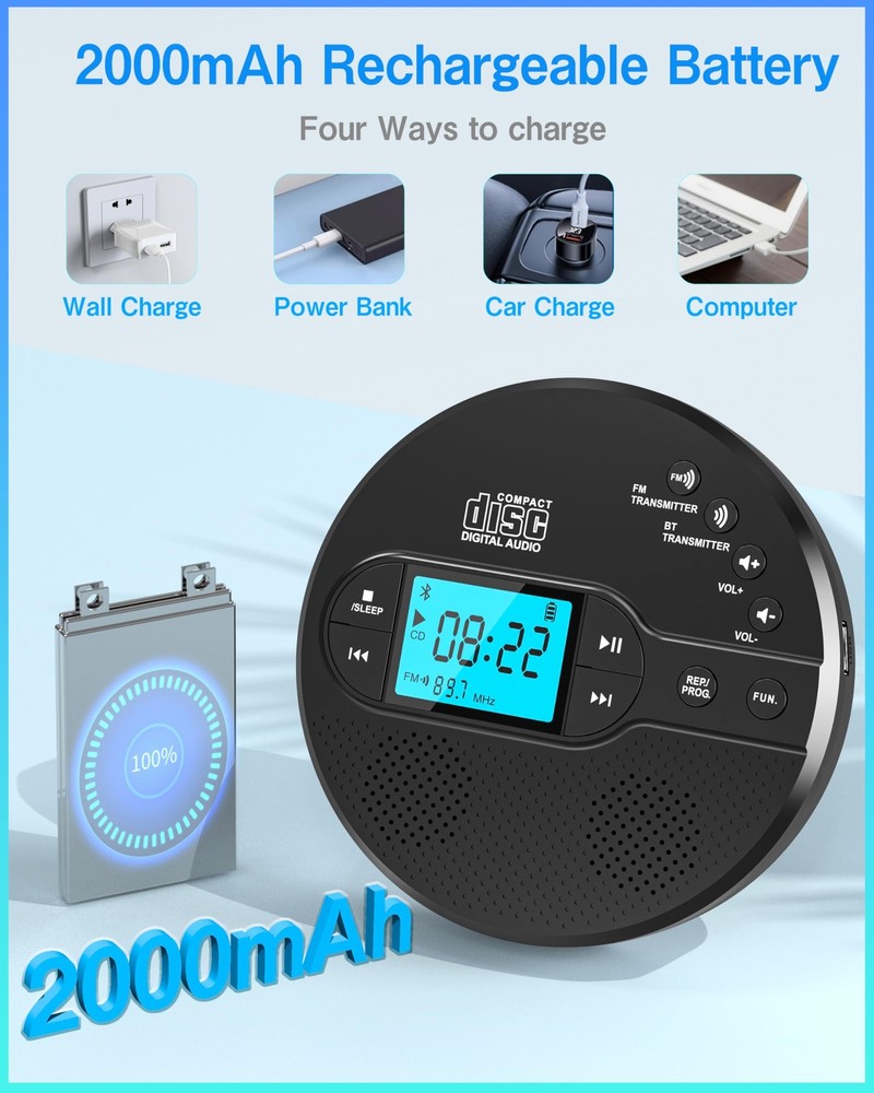 Portable CD Player with Bluetooth, FM Transmitter, Rechargeable, Anti-Skip, LCD