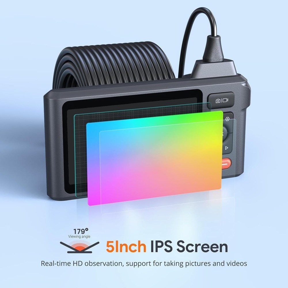 50FT Waterproof Borescope Camera with Split Screen & Manual Exposure Control