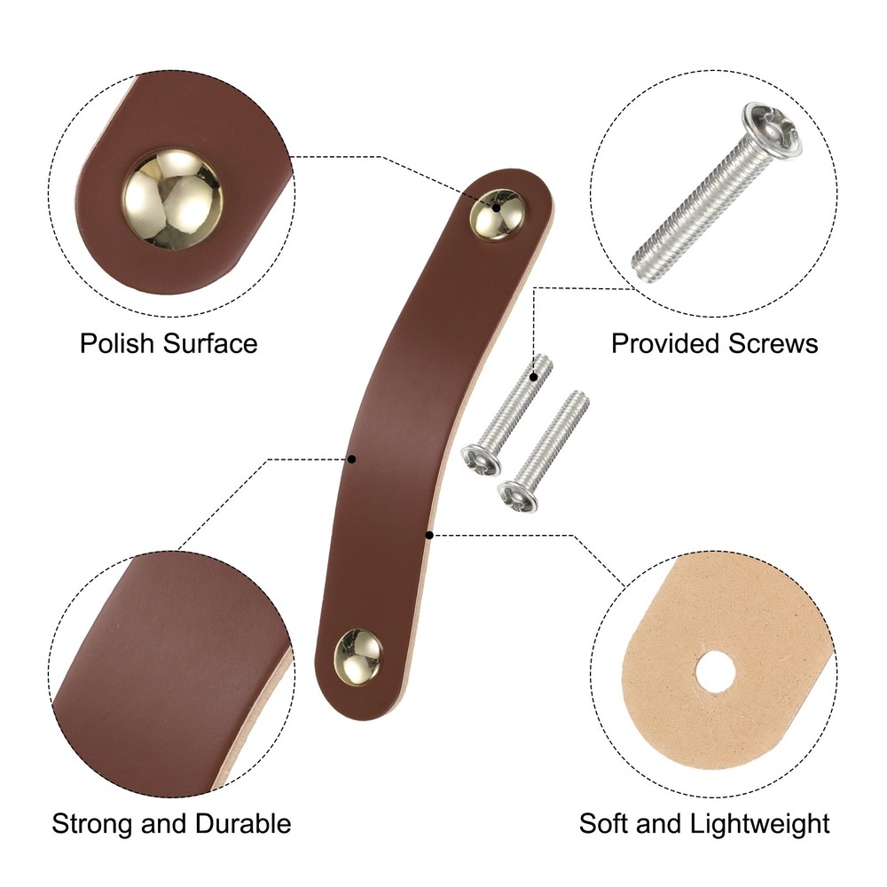 4 Packs Leather Drawer Pulls Double Hole Knobs, Brown/Gold(Hole Spacing:96mm)