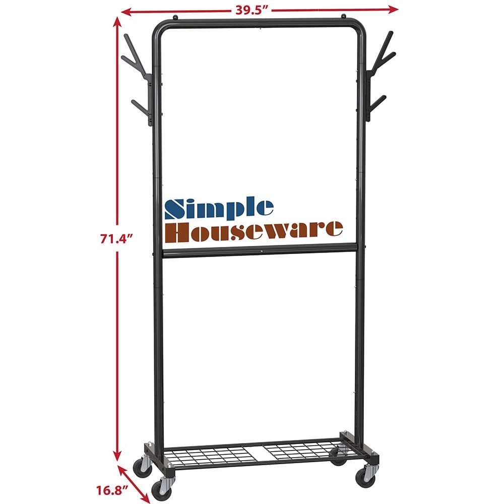 Double Rod Garment Rack with Wheels and Hooks, Black