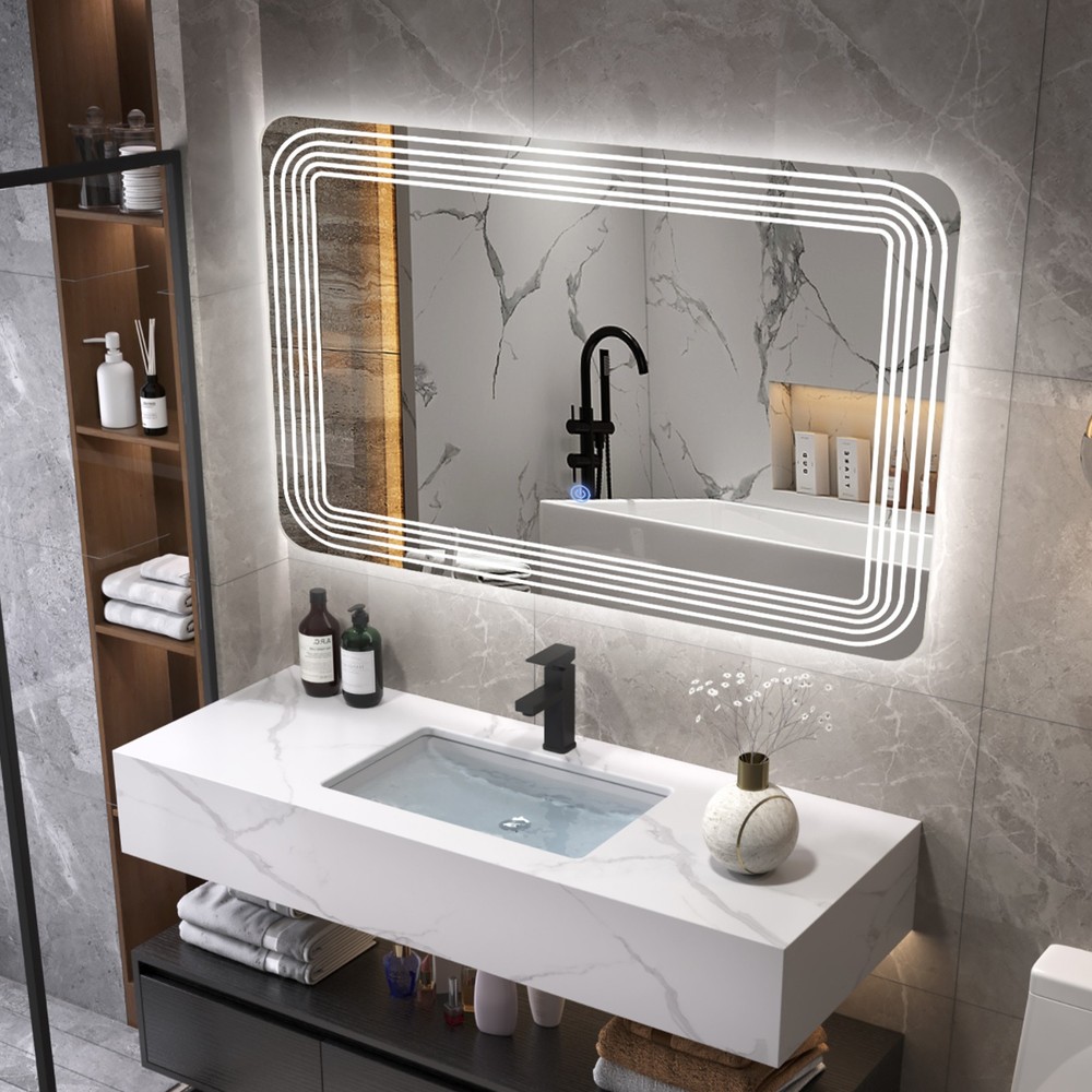 Rectangle Bathroom LED Mirror Wall Mounted 3-Color Dimmable Touch Switch Makeup