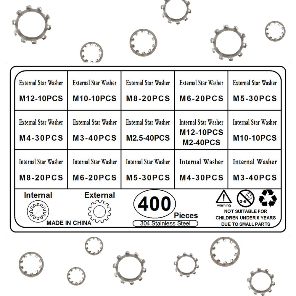 400 Pcs External Internal Tooth Star Lock Washers Assortment Kit, 304 Stainless