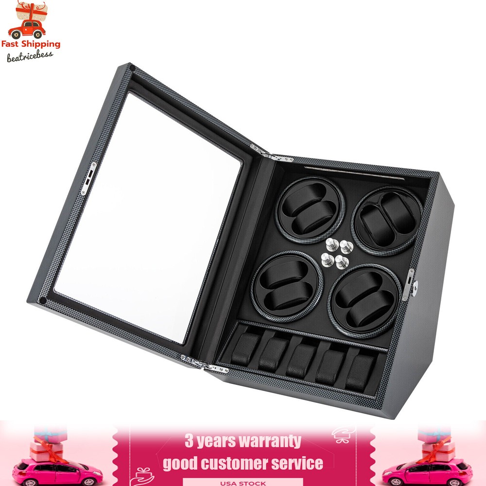 Automatic Rotation 8 Watch Winder Box w/5 Watches Display Storage Case Light LED
