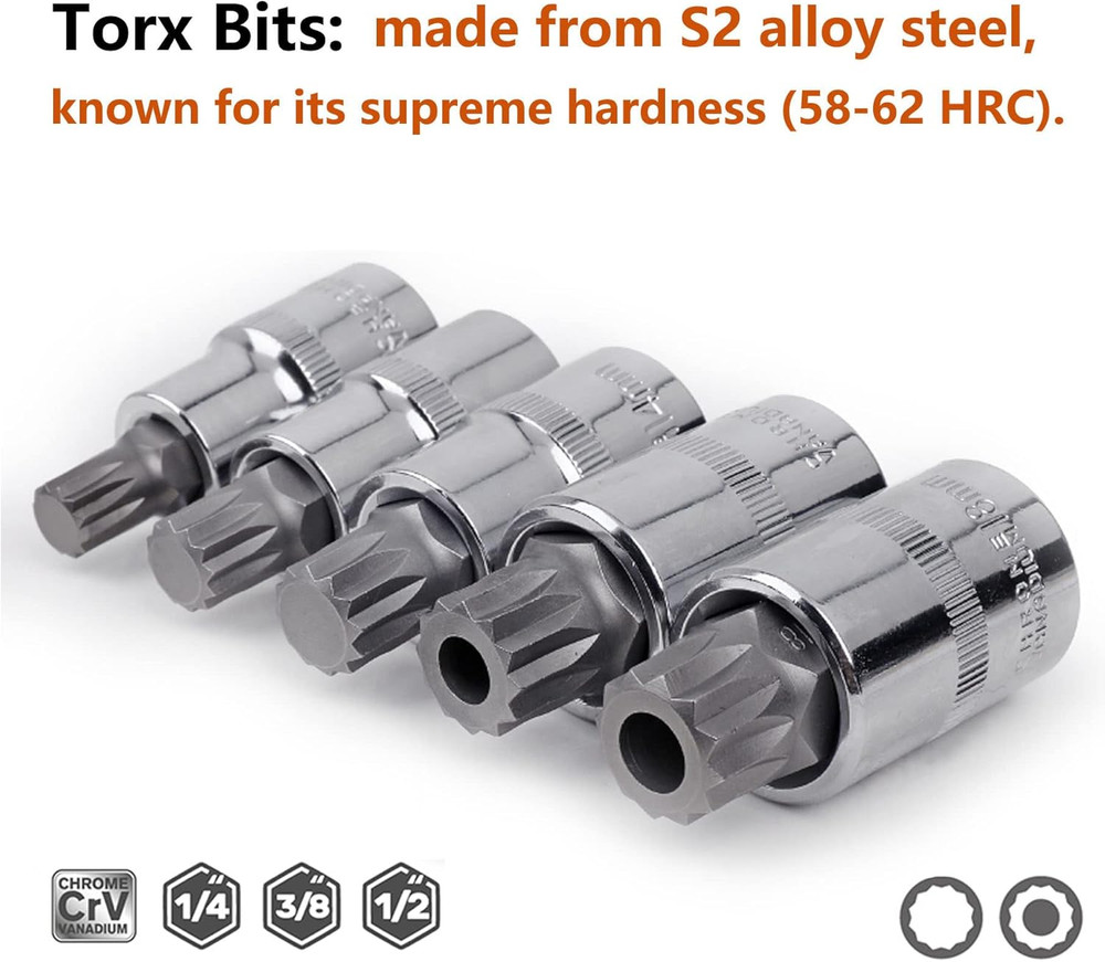 Spline Socket Bit Set 10Pcs Square Triple Silver M4 - M18