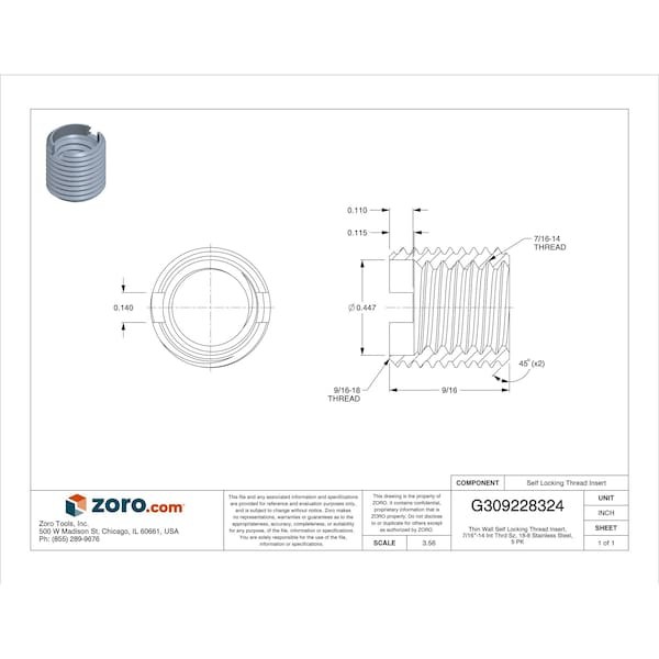 Thin Wall Self Locking Thread Insert, 7/16"-14 Int Thrd Sz, 18-8 Stainless