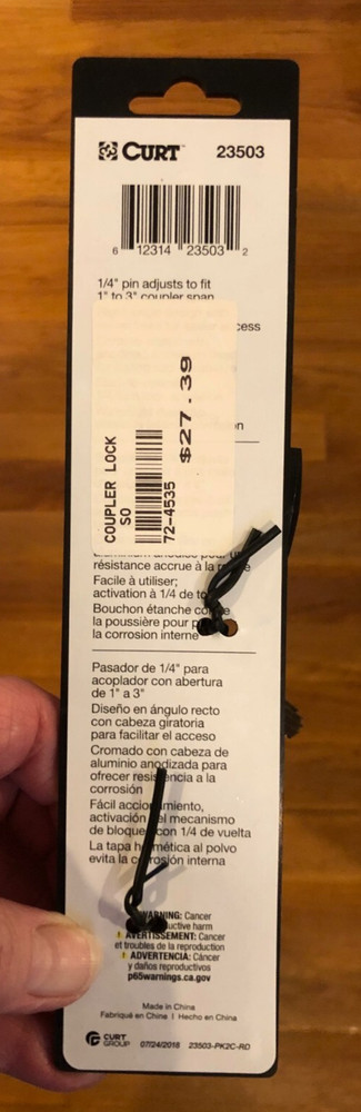 Curt Right-Angle Adjustable Coupler Lock & Keys