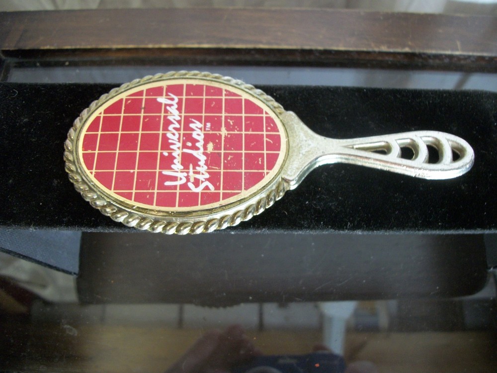 Hand Held Mirror Silver Tone Metal, Red & Silver Back Universal Studios 5 Inch