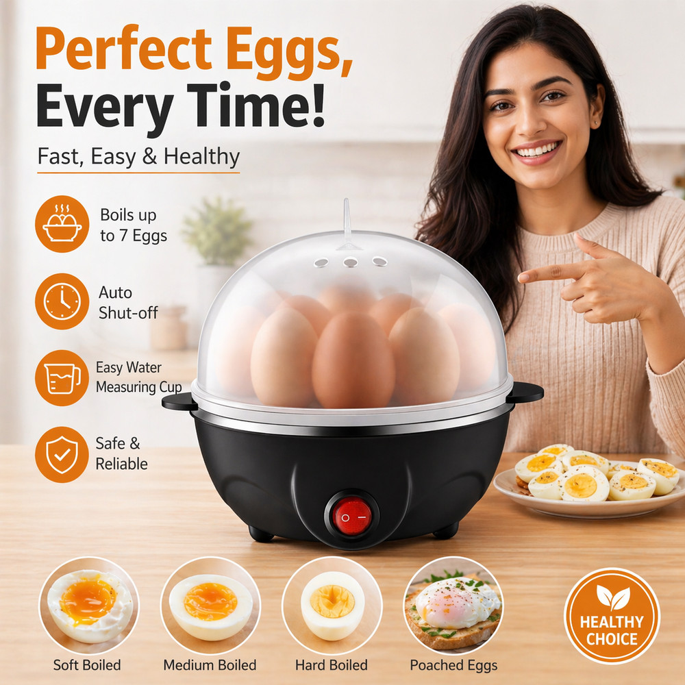 Black Electric Egg Boiler Cooker Automatic Rapid Egg Steamer 7 Egg, Capacity