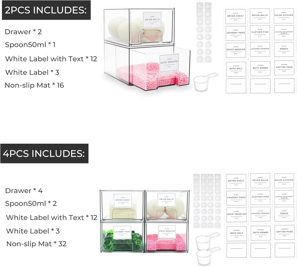 4 Pack Laundry Room Organization Storage Drawers with Labels, Clear Stackable Dr