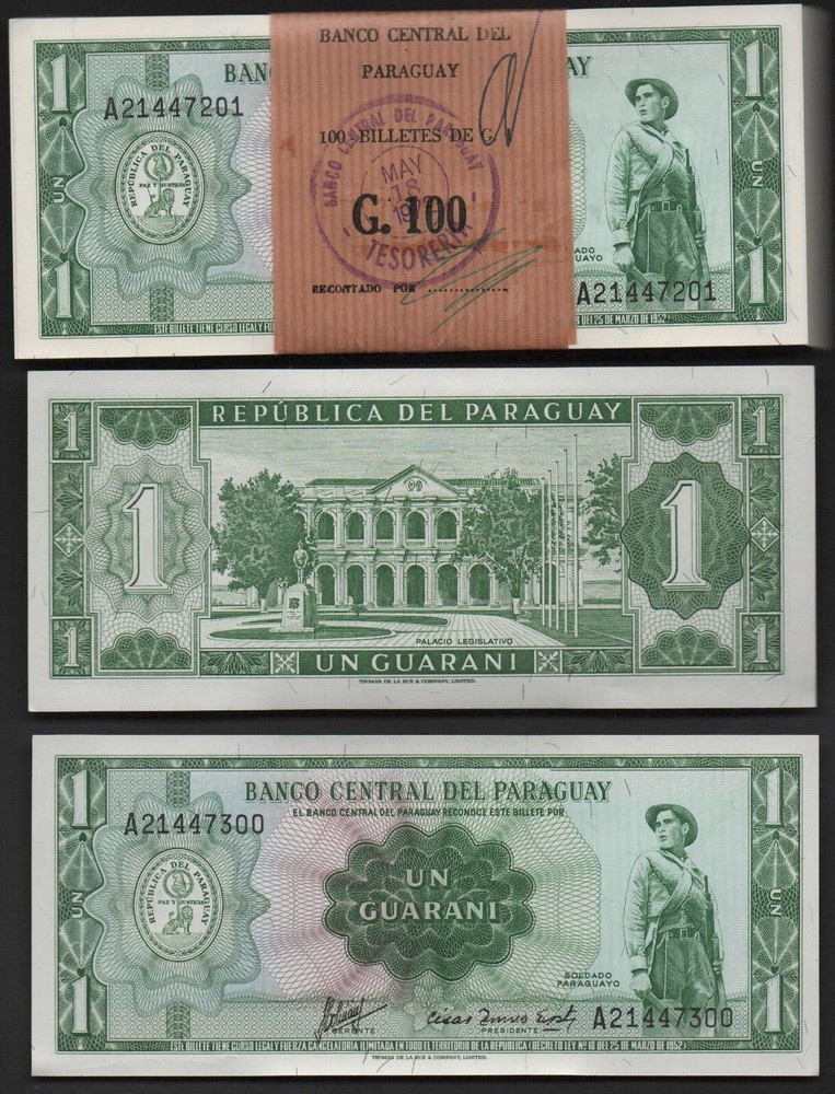 100 notes: ORIGINAL BUNDLE PARAGUAY, 1 GUARANI, o. D. (L. 1952), P 193b, PACK.