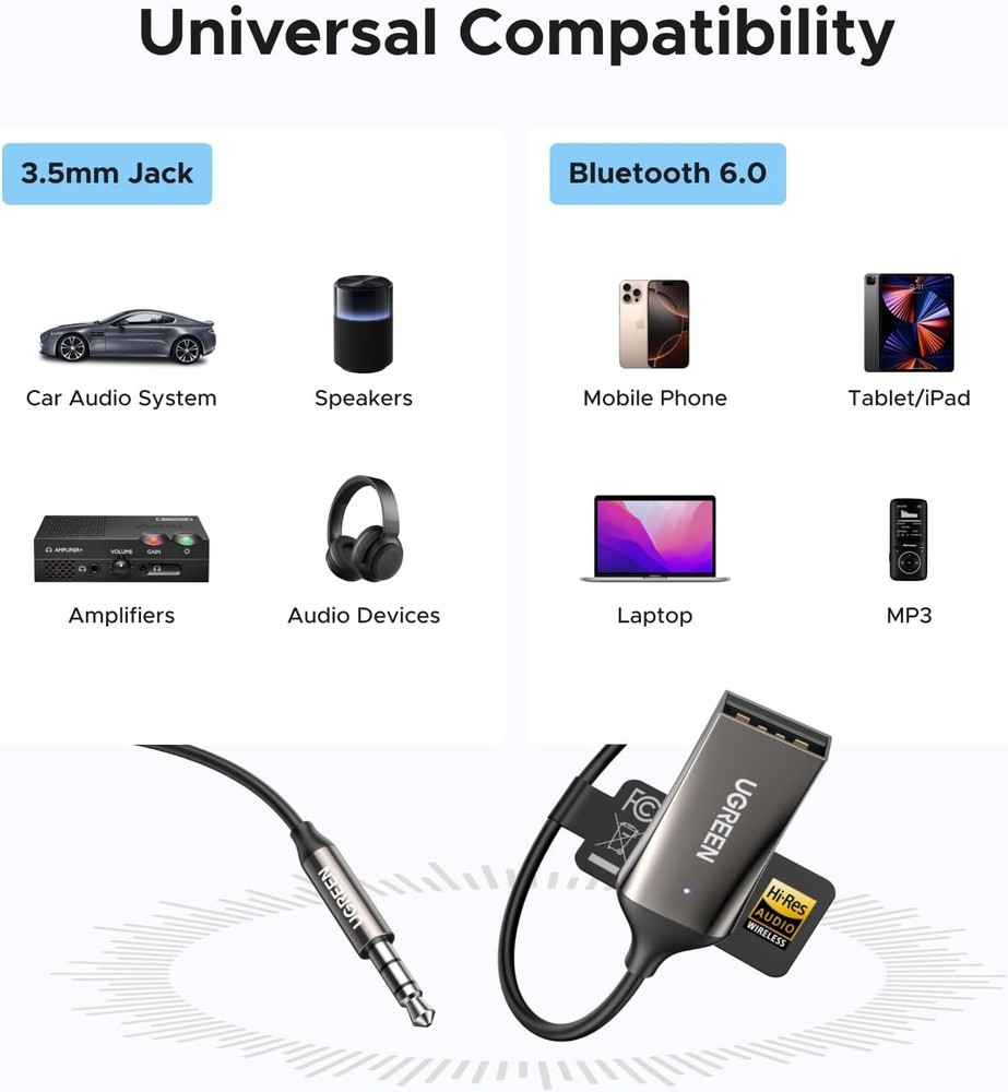 Compact Bluetooth 6.0 Car Adapter: Convert Aux to Bluetooth with LDAC Support