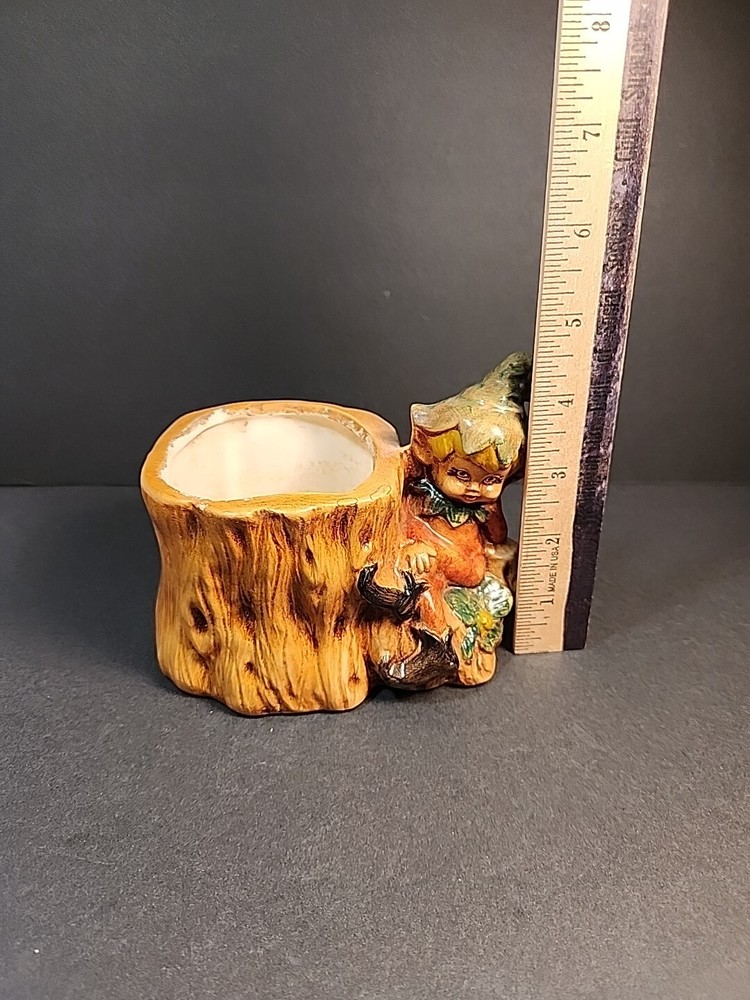 Vintage Ceramic Pixie Elf Tree Stump Planter Woodland Forest Succulents