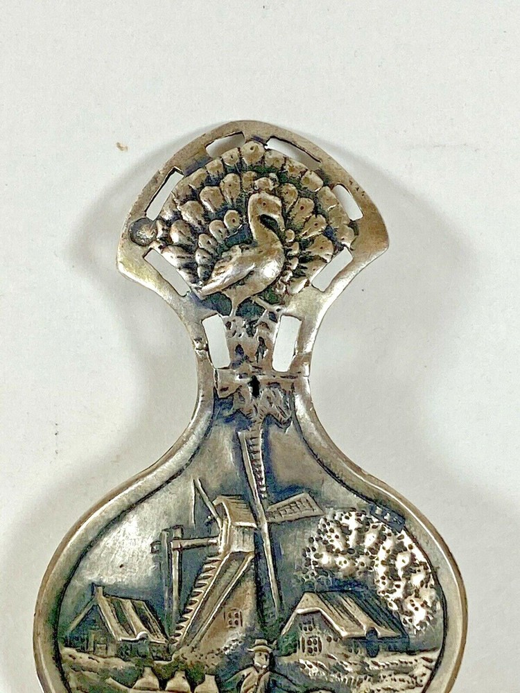 Antique Dutch Silver Tea Caddy Spoon with Hallmark and Raised Decoration