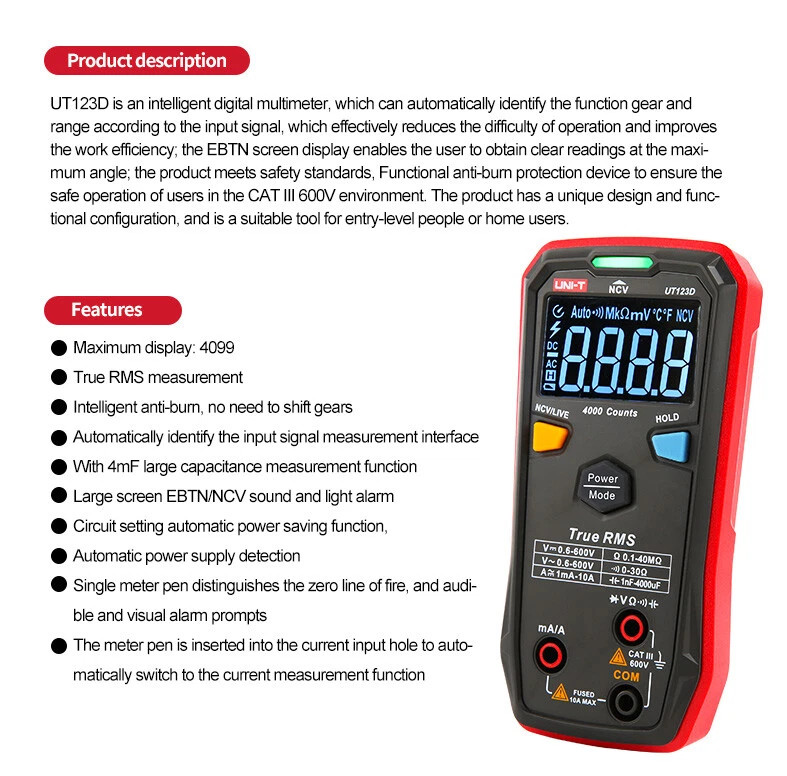 UNIT UT123D Smart TRMS Digital Multimeter AC/DC Volt Amp Live Wire NCV Tester