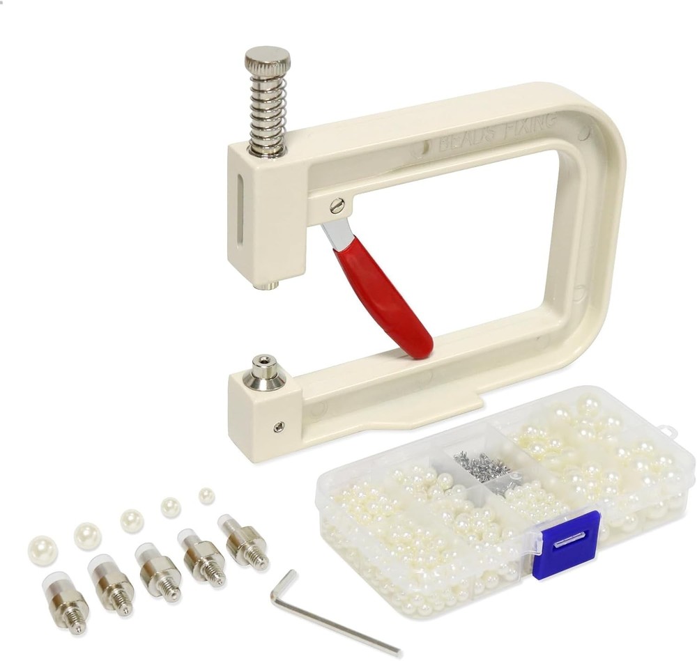 Pearl Setting Machine, Pearl Hand Press Tools with White Pearl Beads, Rivet S...