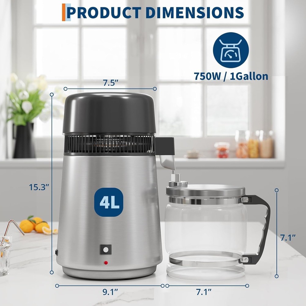 4L Water Distiller 1.1 Gallon 750W Home Water Purifier with Glass Jug Filter Set