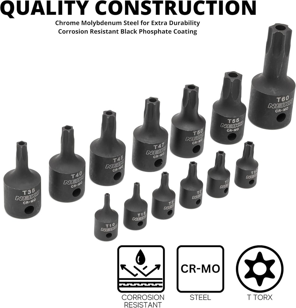 NEIKO 13pc Security Torx Socket Bit Set – Heavy Duty Tamperproof Impact Grade