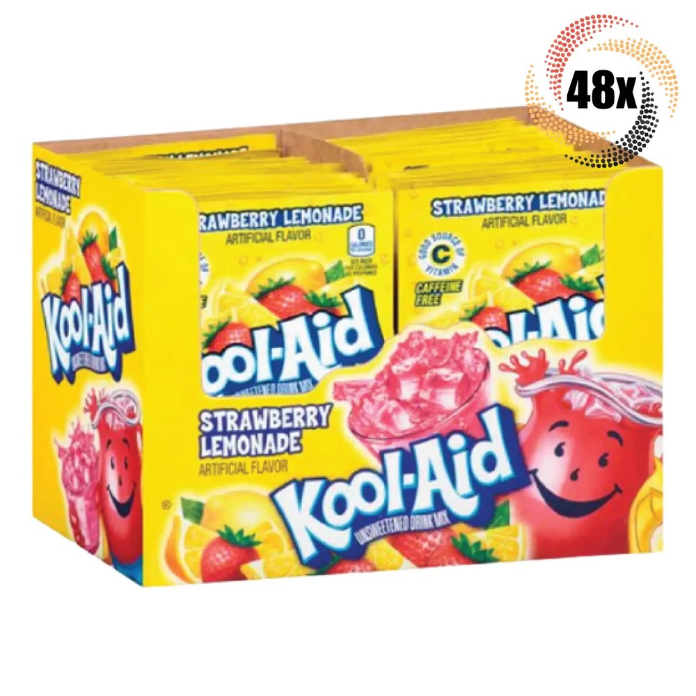 Full Box 48x Packets Kool-Aid Strawberry Lemonade Soft Drink Mix | Caffeine Free