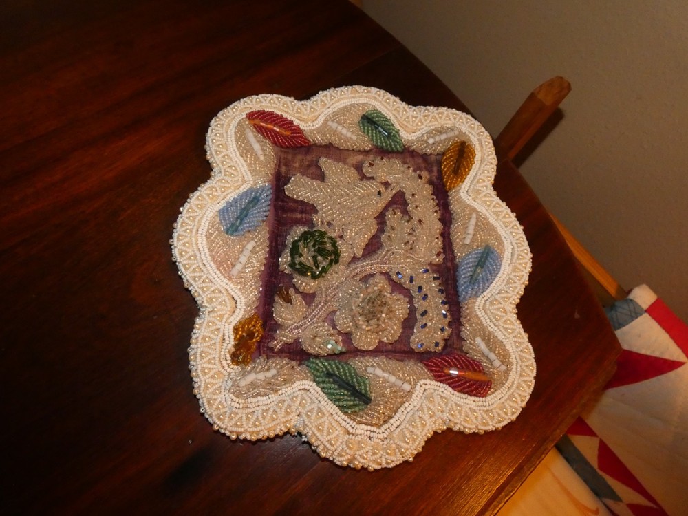 Antique Glass Bead Panel w/ Bird & Leaves