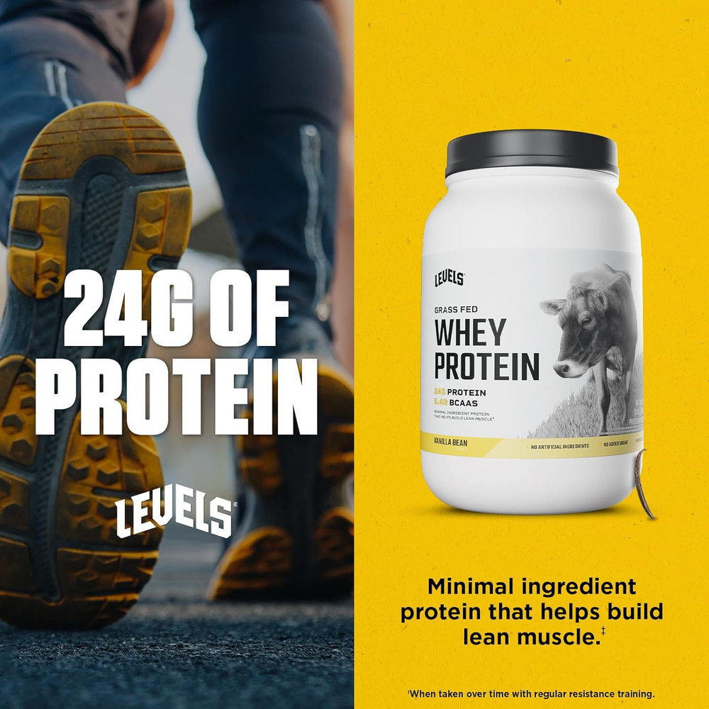 Levels Grass-Fed Whey Protein Powder, Vanilla Bean, 24g Protein, 2LB