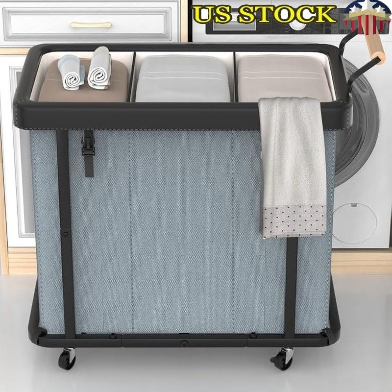 3 Section Rolling Laundry Hamper W/ Wheels Heavy Duty Steel Frame Sorter New