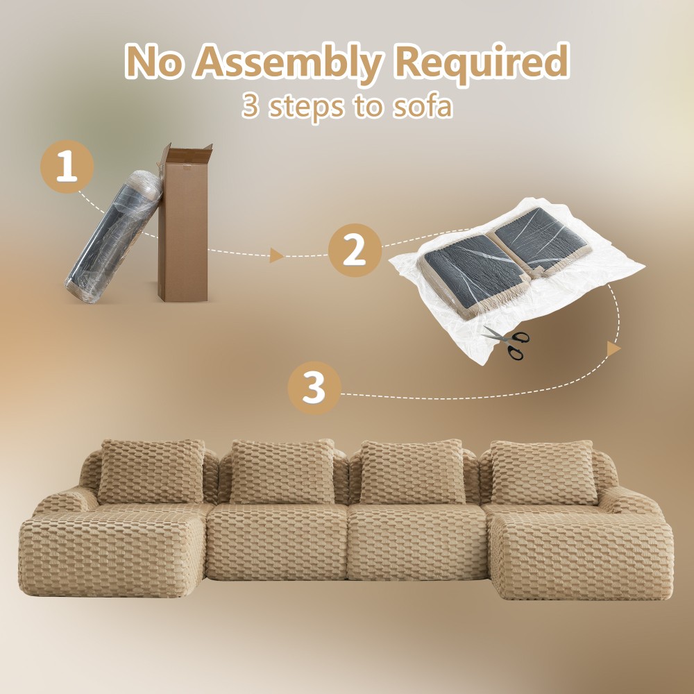146" U-Shaped Flannelette Modular Sectional Sofa w/ Ottoman, Light Camel
