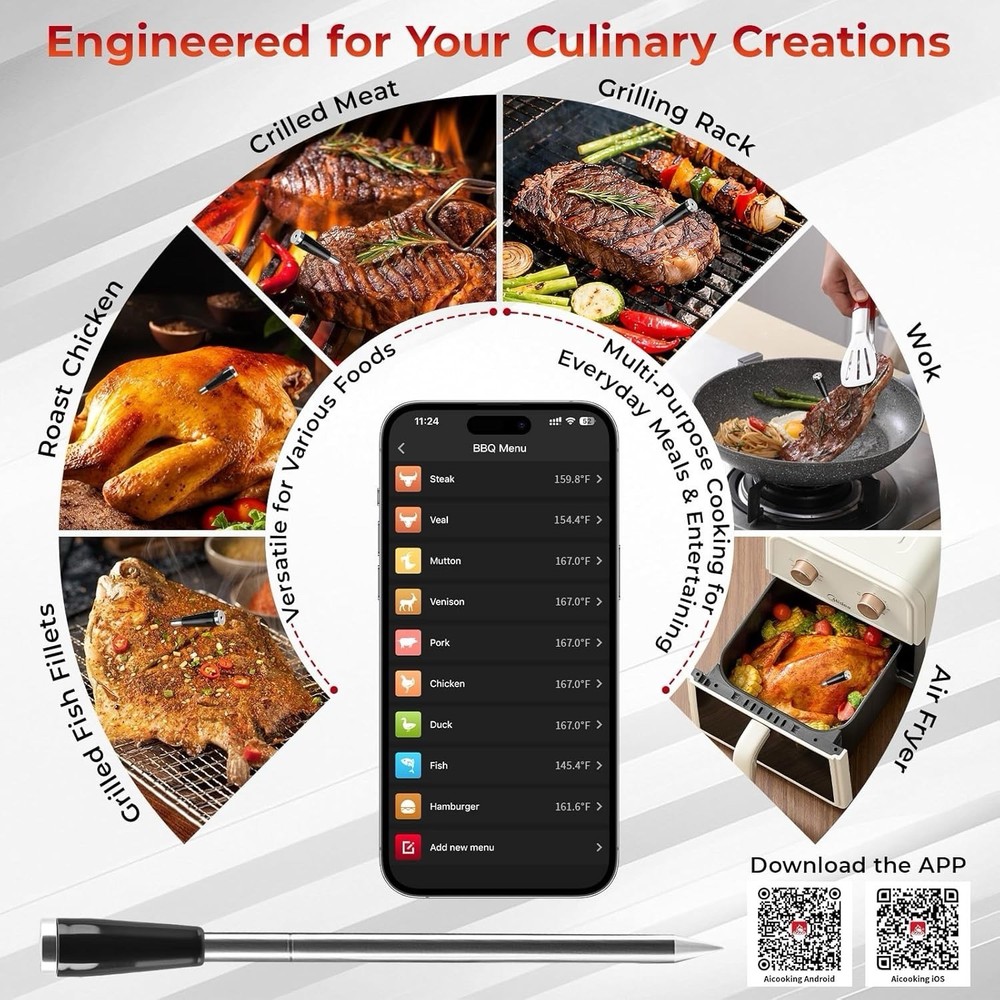 Smart Bluetooth Wireless Meat Thermometer with Probe | Long Range Digital The...