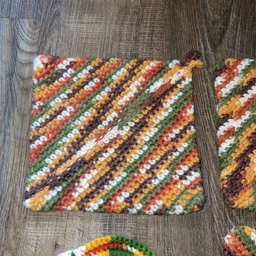 3 Handmade Crocheted Pot Holders + 2 Hot Pads Multicolor