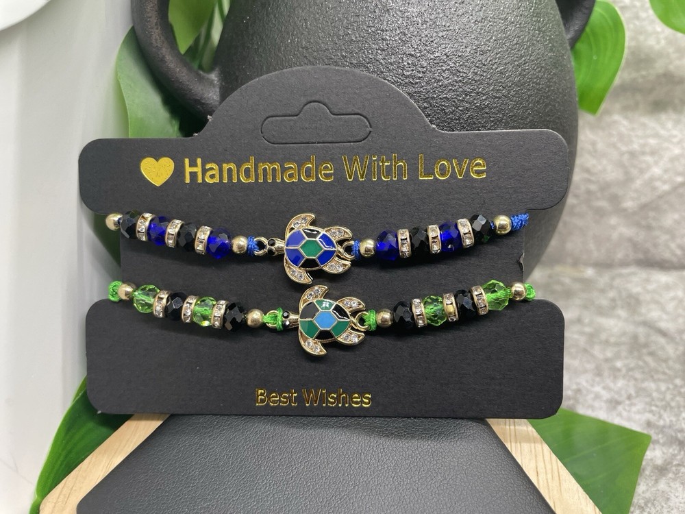 2 PC Handmade Beaded  Boho Adjustable Tie Charm Bracelet Set Turtle B3996