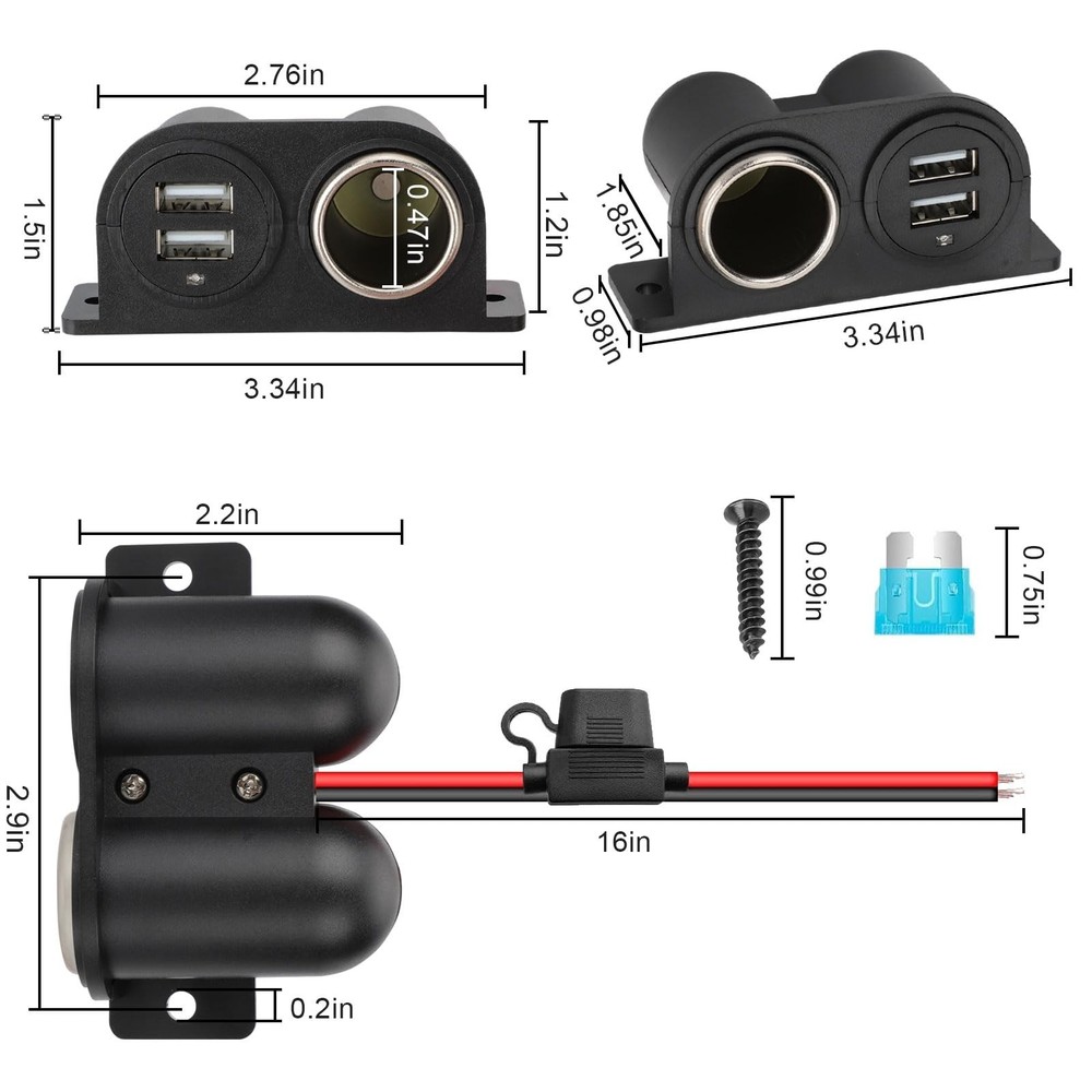 1PCS Dual USB Outlet Cigarette Lighter Socket Splitter with Blade Fuse,