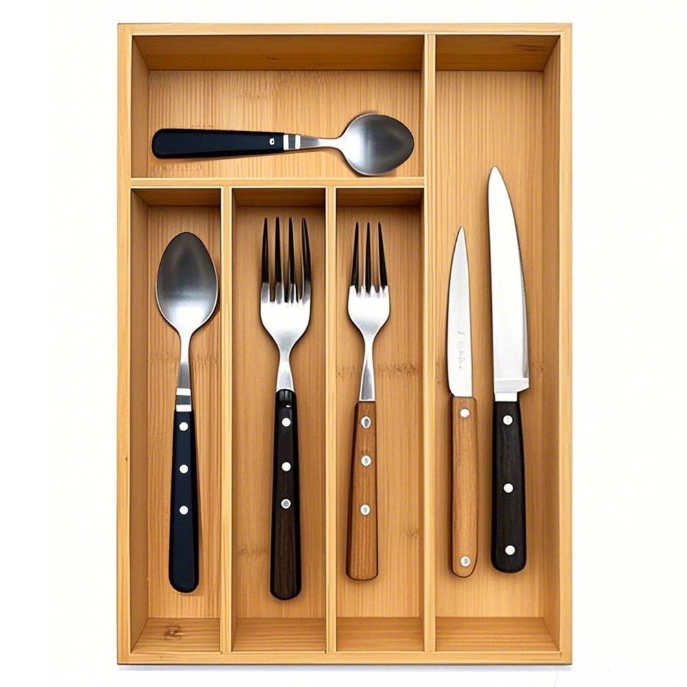guiogc Kitchen Bamboo Silverware Drawer Organizer，Silverware 5 Slot, Natural