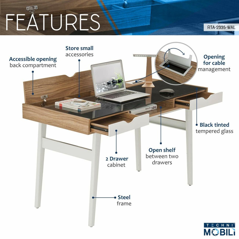 Techni Mobili Compact Computer Desk Workstation with Multi-compartment Storages