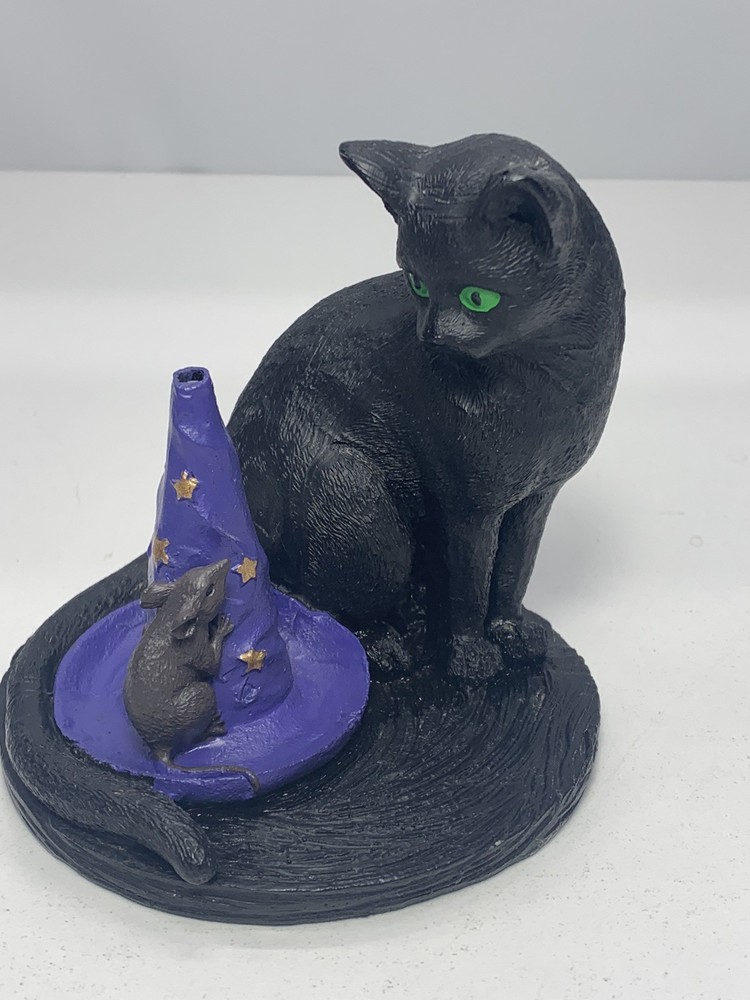 Black Cat Wizard Hat Stick Incense Holder With Mouse, Resin