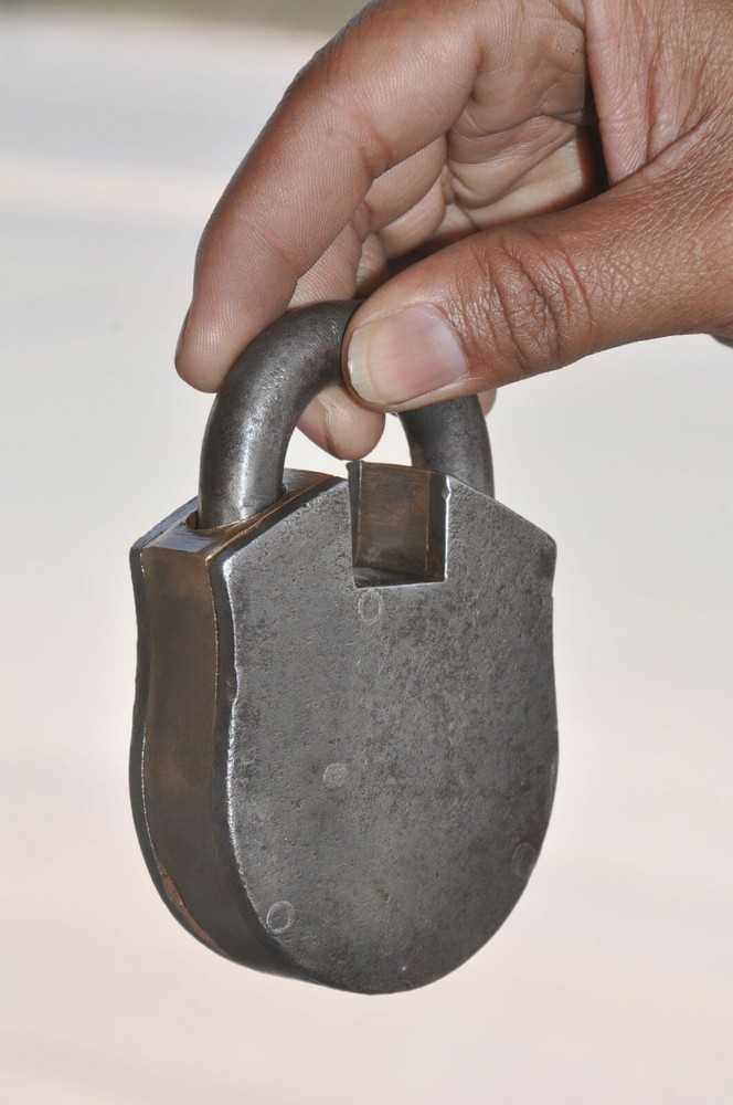 Vintage Brass & Iron Handcrafted 6 Levers Unique Shape Solid Padlock