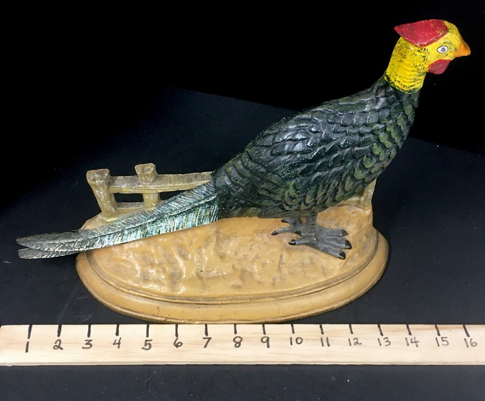 VINTAGE CAST IRON Door Stop pheasant Hand Painted