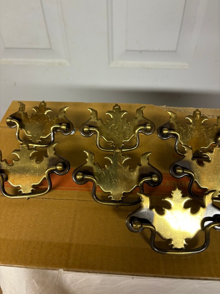 Vintage 9- Drop Pull Cabinet Drawer Hardware Pulls Leaf Brass Bronze Used