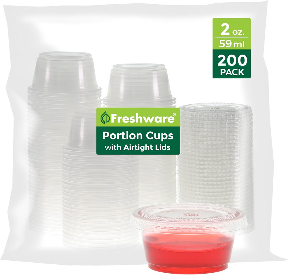 Freshware Plastic Portion Cups with Lids [2 Ounce, 200 Set] Disposable Plastic C