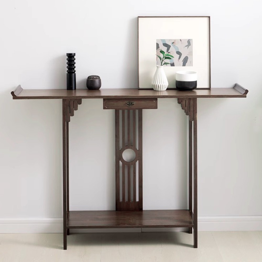 2 Tiers Walnut Sofa Table Bamboo Entryway Table Table With Storage Shelves