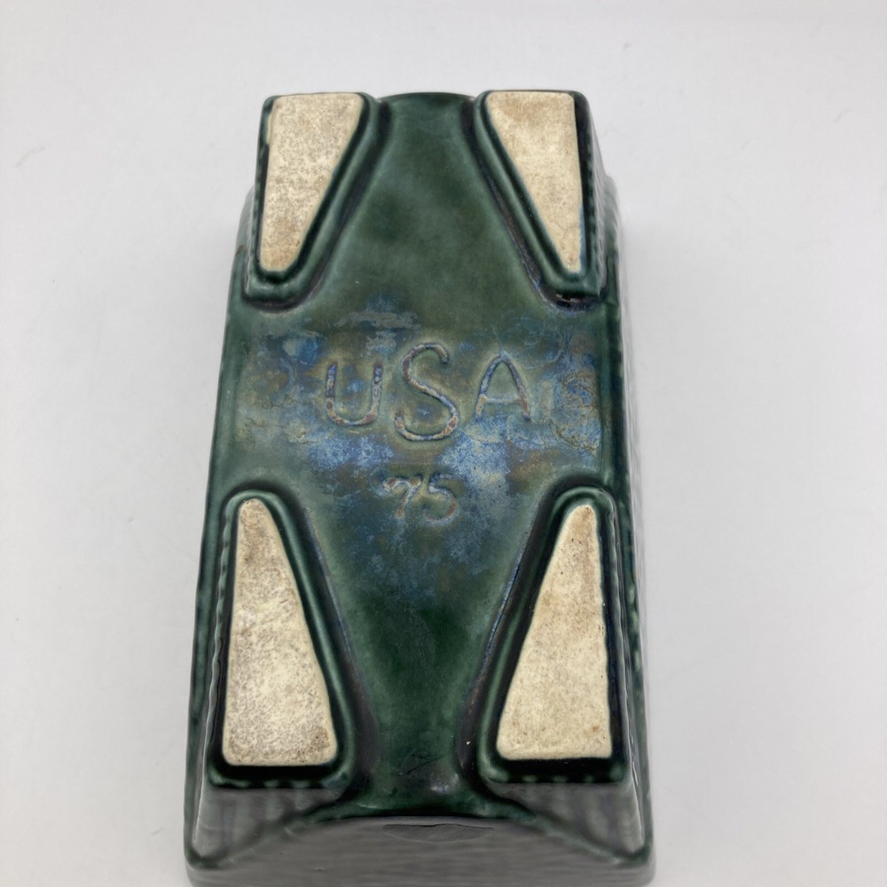 Vintage USA Pottery #75 Rectangular Iridescent Green Planter Footed Embossed
