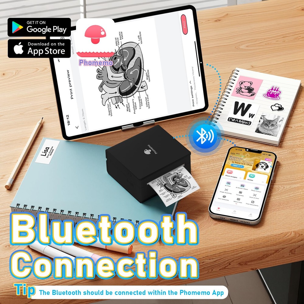 Mini Note Printer- M02 Pocket Thermal Bluetooth Mini Mobile Printer with 3 Rolls