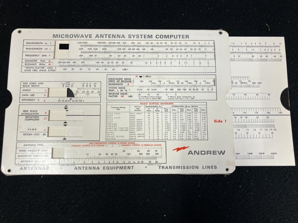 1976 ANDREW MICROWAVE ANTENNA SYSTEM COMPUTER SLIDE RULE CALCULATOR W INSTRUCTIO