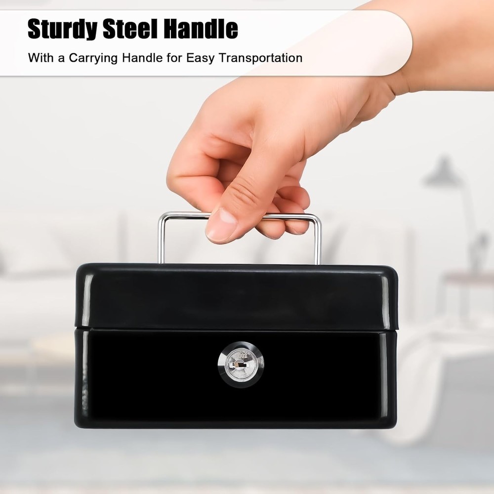 Portable Black Cash Box with Key Lock - Secure and Compact Storage Solution