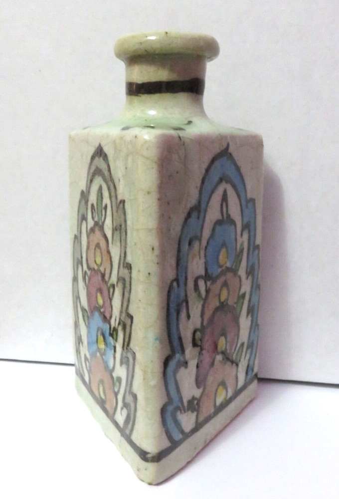 ANTIQUE HANDPAINTED STONEWARE TRIANGLE SHAPED BOTTLE