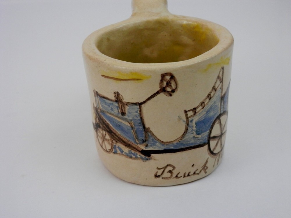 Whimsical Handmade Art Pottery Mug Handpainted 1908 Buick