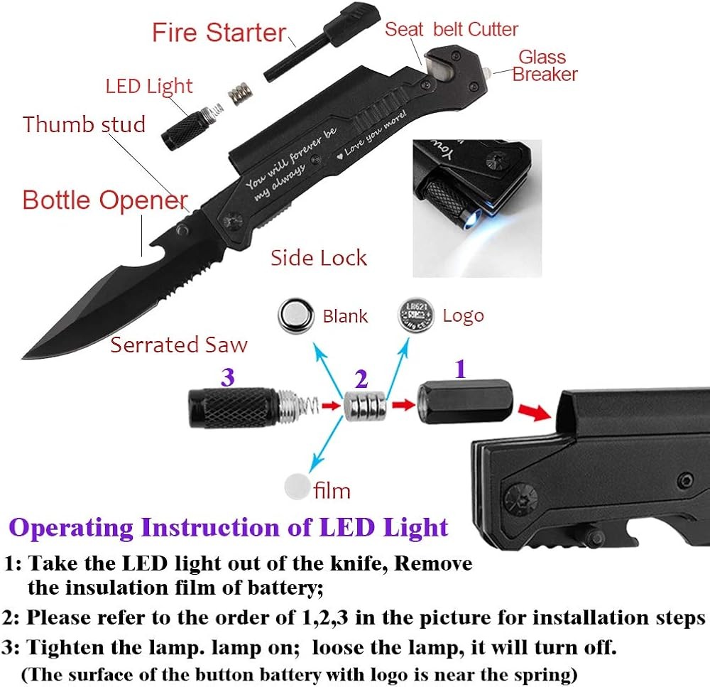 Husband Birthday Present, Poet Knife Functs, LED Light, Fire Starter,